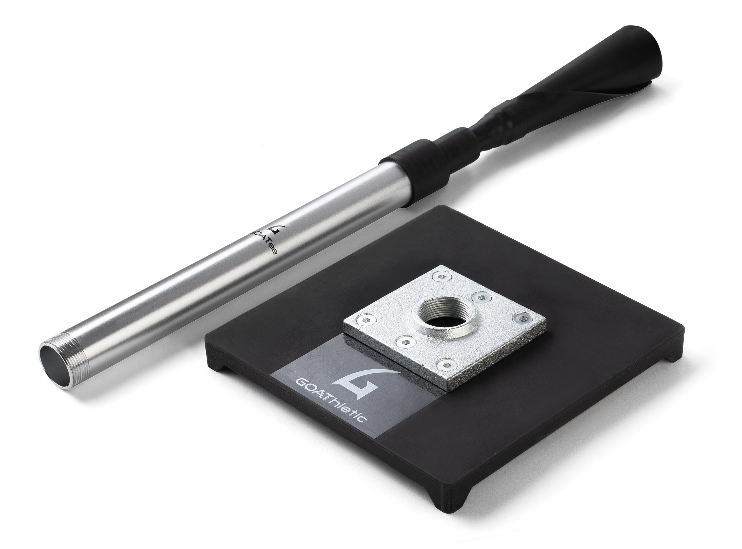 A metal cylindrical object with a threaded end, placed on a black and silver plate with mounting holes, with a black cable and a black surface in the background.