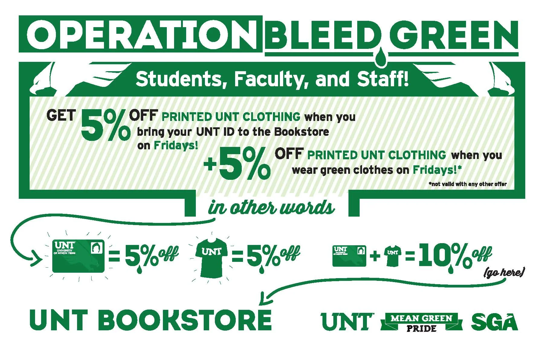 A flyer in a series of works created for "Operation: Bleed Green", a promotional program a UNT student government senator and I organized with the UNT Bookstore. ( The bookstore was subsequently bought out by Barnes & Noble, so the program was quickly scrapped.)