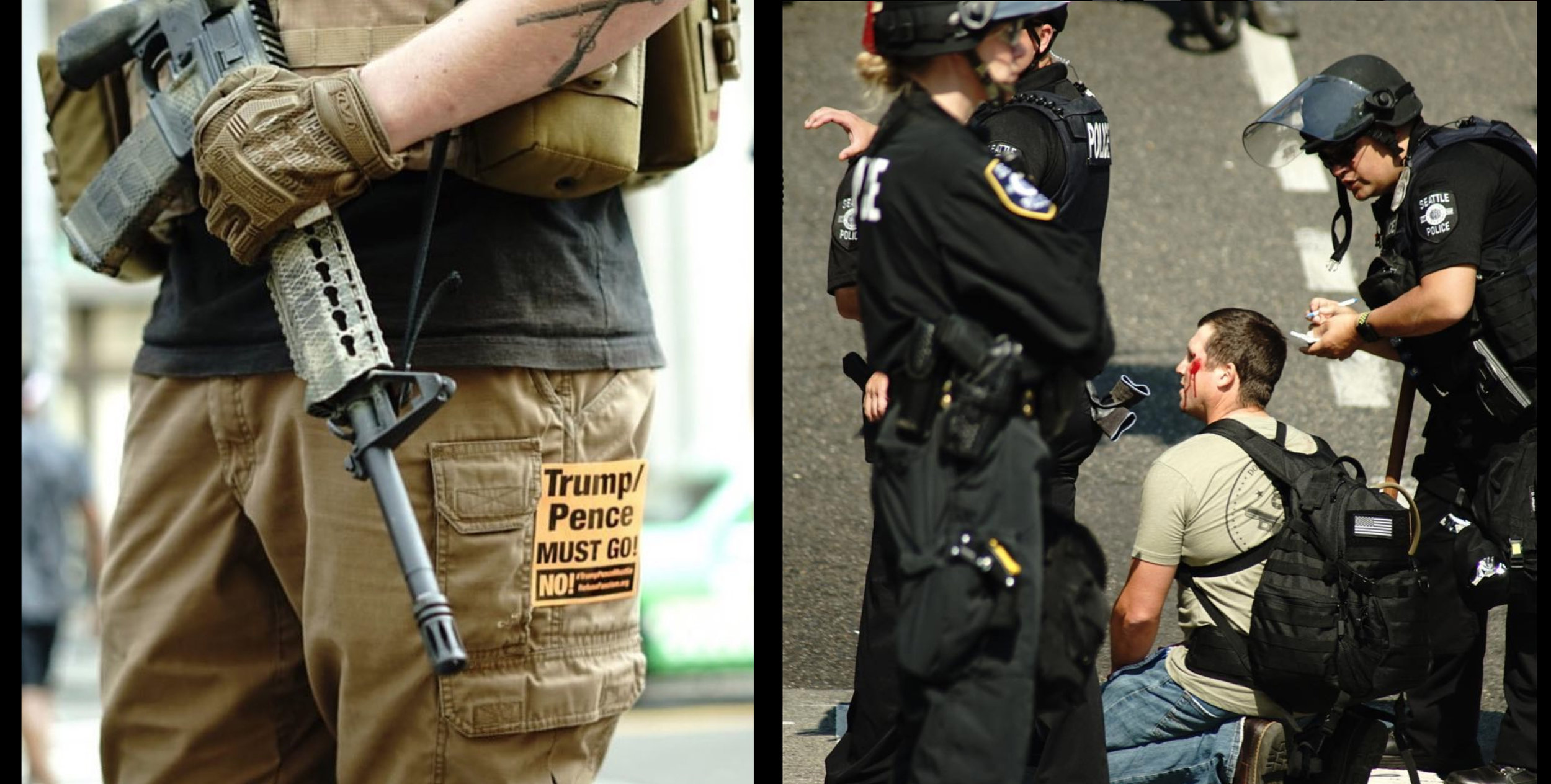  An armed anti fascist (right) &amp; an injured Trump supporter (left) attend the far-right rally ‘Liberty or Death: Rally Against Left Wing Violence’ in Seattle 