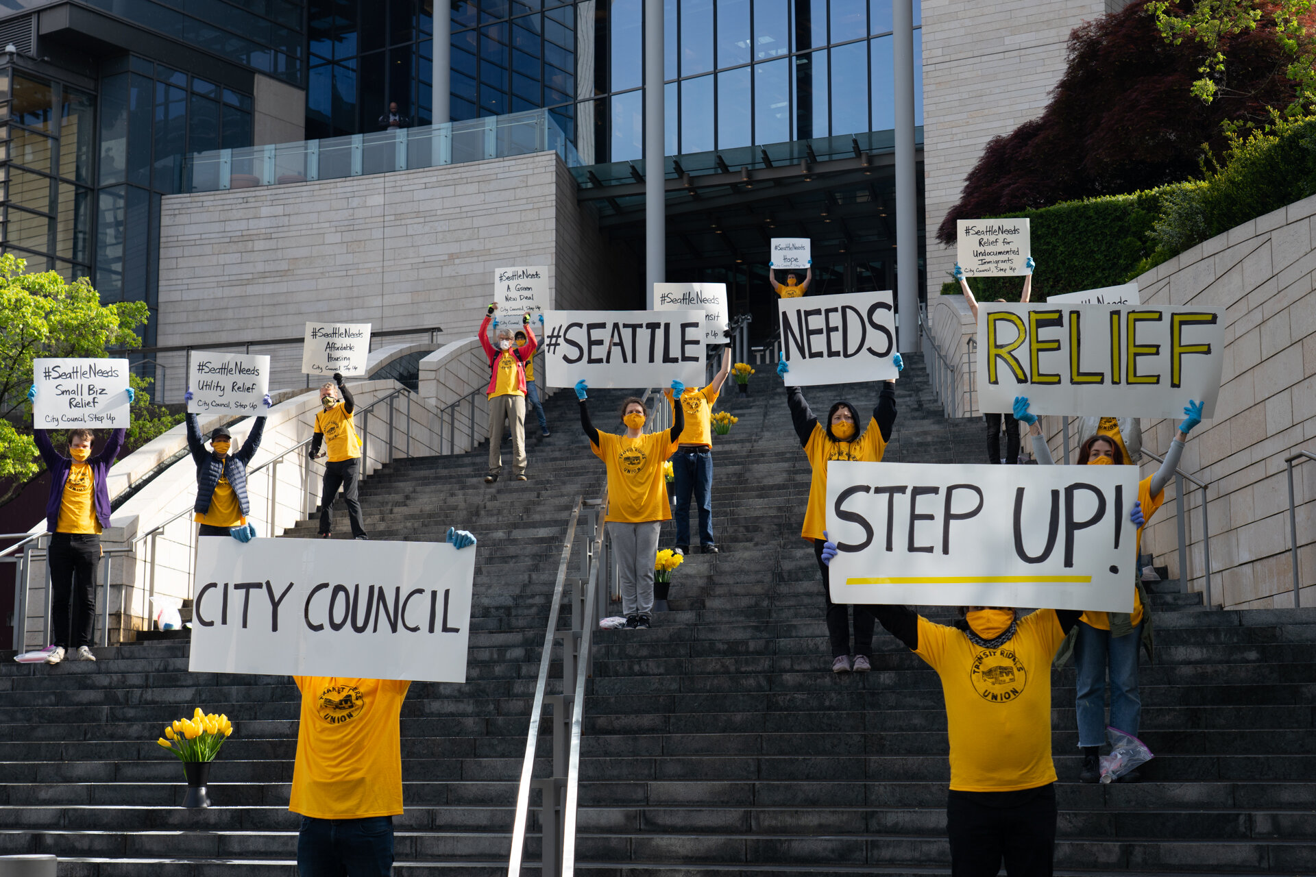  The first Seattle protest since the  quarantine was held outside of city hall calling for the widespread economic relief for Seattle residents. April 29, 2020 