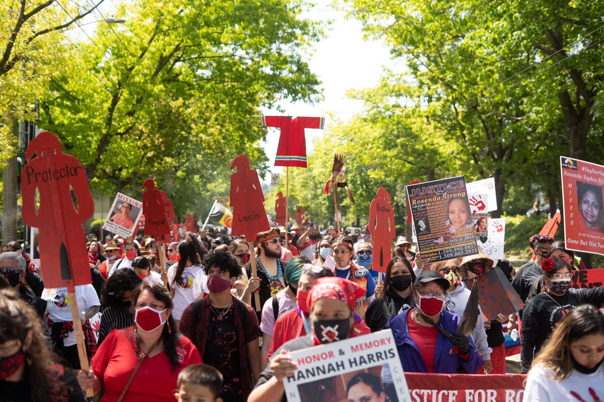  Friends, family and allies of missing and murdered Indigenous people gather in Seattle’s Southend for a MMIW solidarity march on May 15, 2021 