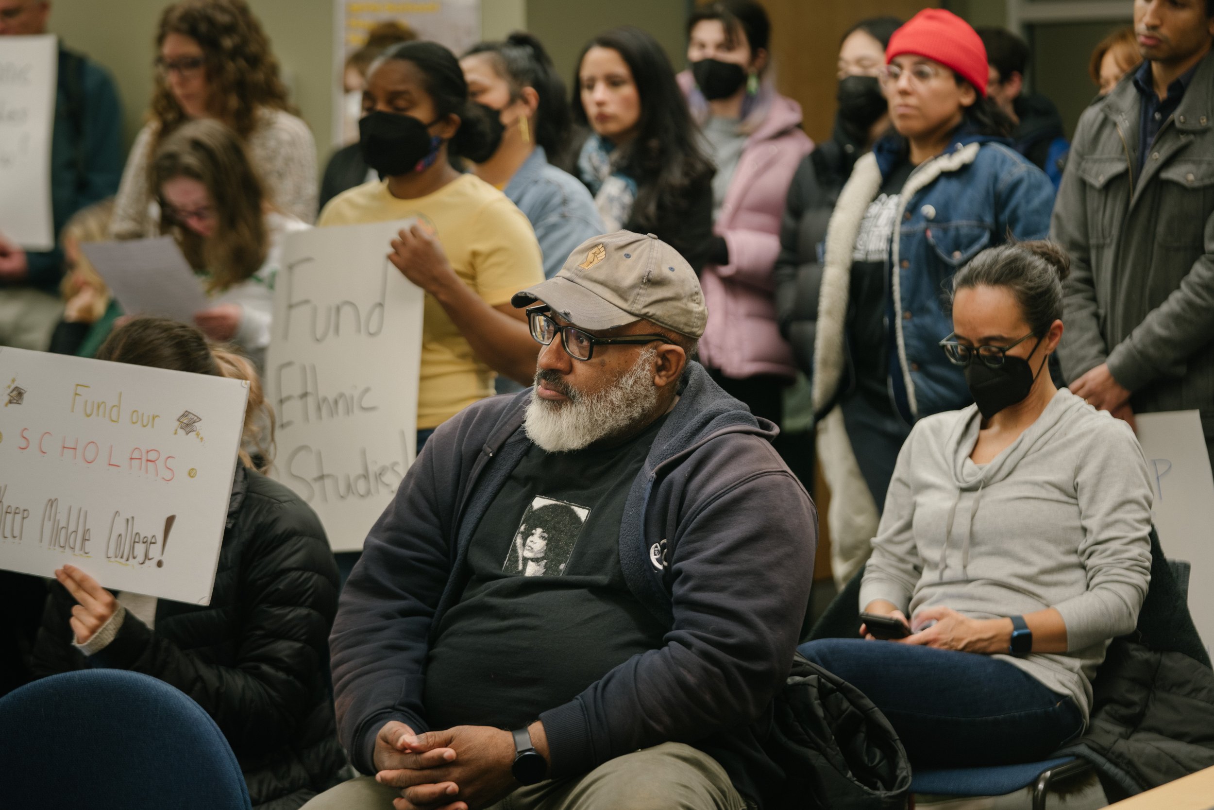  Bruce Jackson, director of ‘Ethnic Studies Now’ sits in silence during a school board protest on Feb 9, 2023 in Seattle Wash. Students, parents and youth educators are demanding ethnic studies programming for public schools grades K-12  