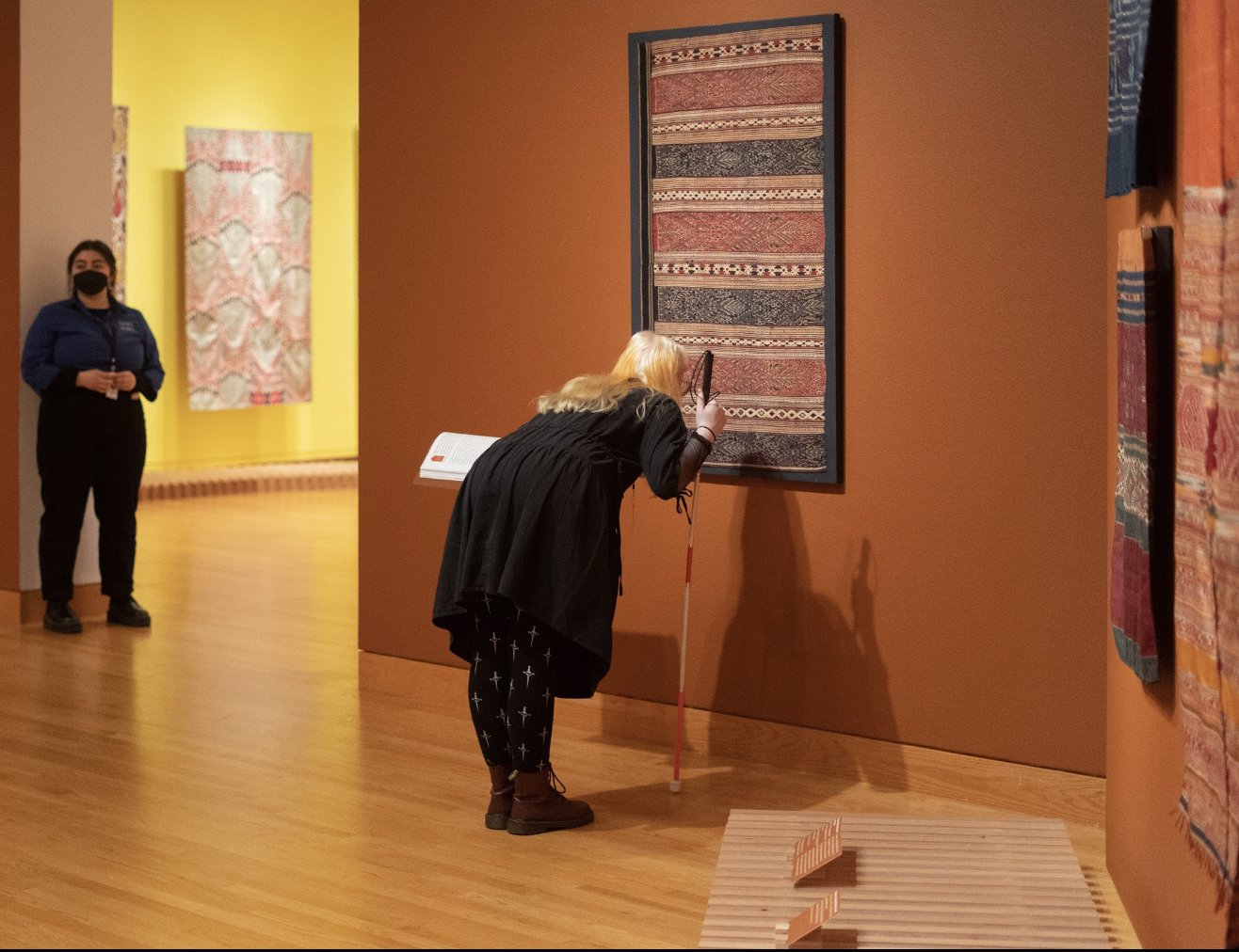  A guest at the Seattle Art Museum studies the Ikat exhibition, 2023.  