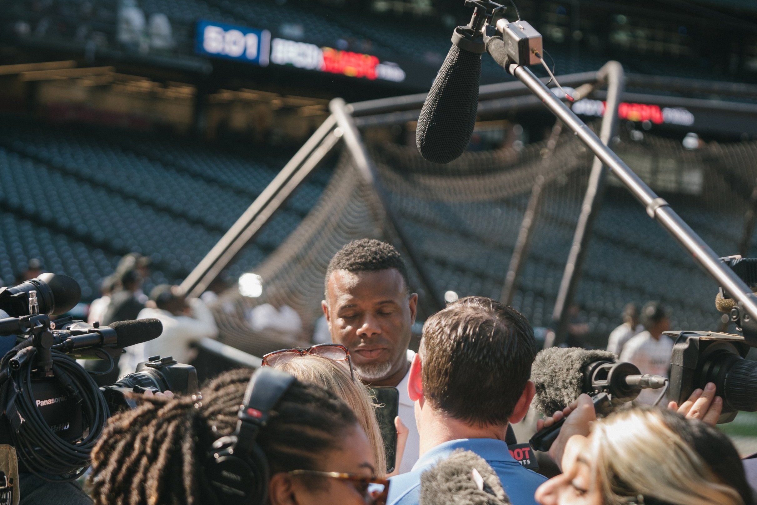  MLB Hall-of-Famer Ken Griffey Jr. is interviewed by press during the 2023 Swingman Classic, an event hosting 50 of the best HBCU college baeball players as part of MLB All-Star Week on July 7, 2023 in Seattle, Wash. 