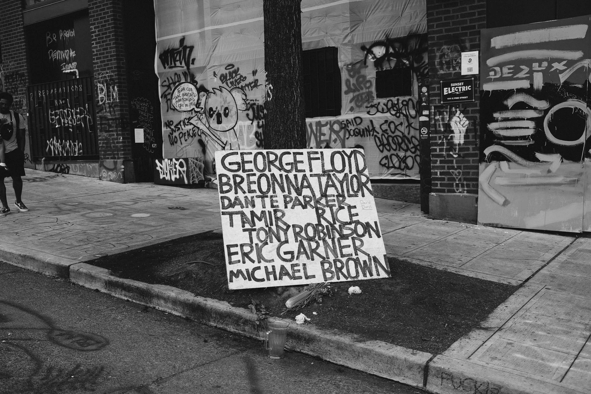 A handprinted protest sign with the names of African American killed by police is seen in the CHOP (Capitol Hill Occupied Protest) on June 19, 2020 in Seattle, Washington. 