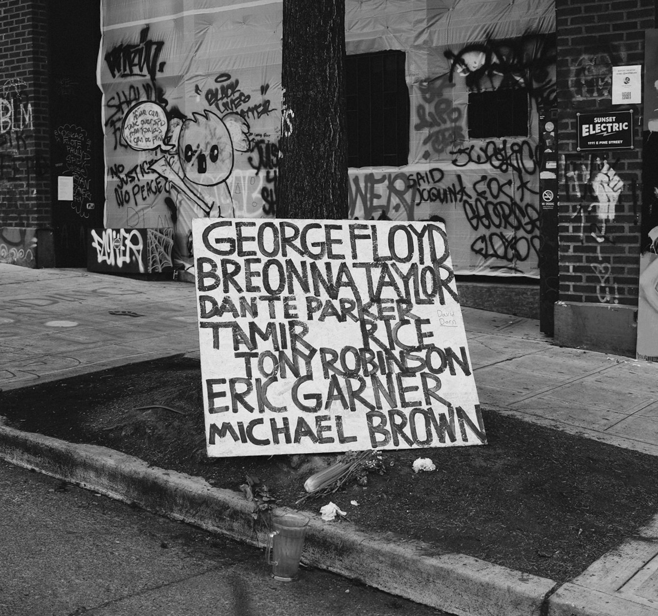  A handprinted protest sign with the names of African American killed by police is seen in the CHOP (Capitol Hill Occupied Protest) on June 19, 2020 in Seattle, Washington.&nbsp; 