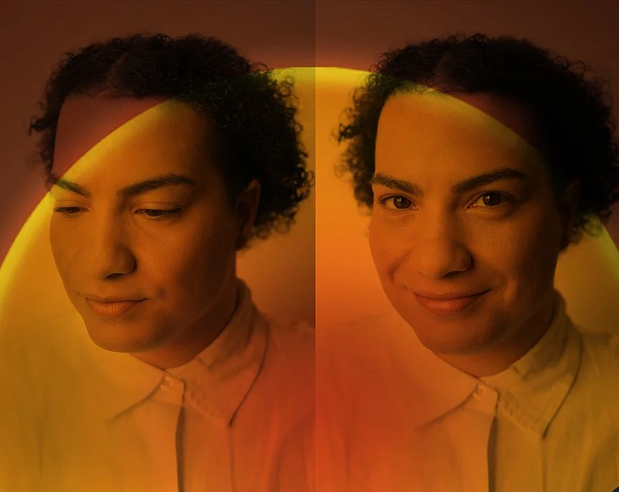 Two portraits of Chloe, one looking at the camera and one looking away, with an arches overlay of warm sunset tones