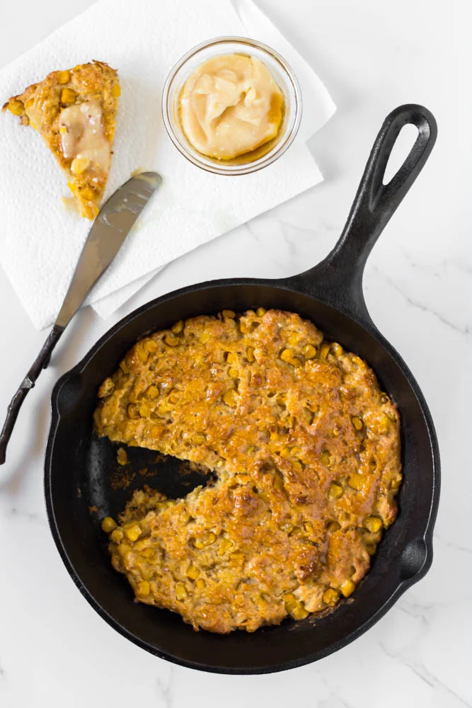 Super Moist, Gluten Free Skillet Cornbread (made with Greek Yogurt + Flax Eggs)