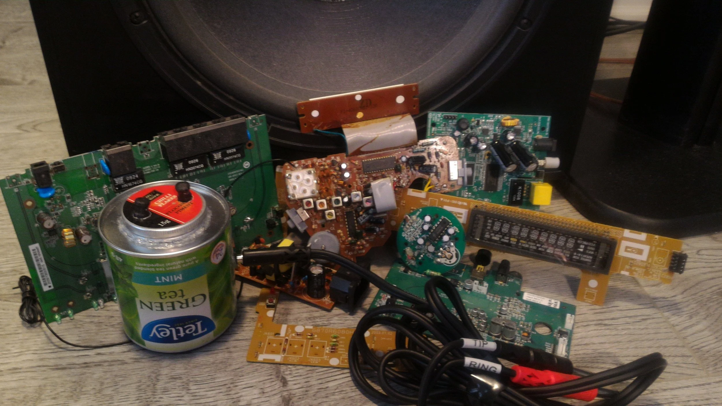 Our parts for our homemade electrosleusch. Great for sound design cutting in user interface (UI)