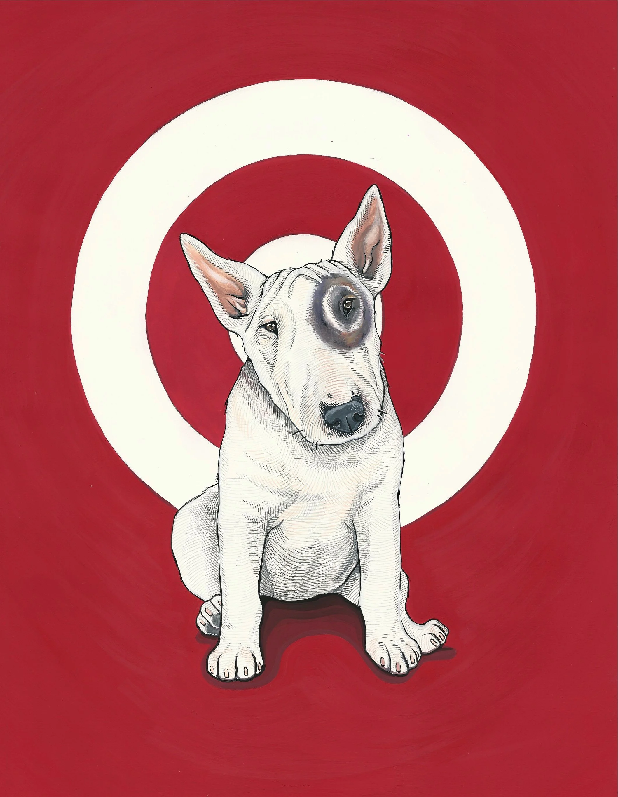 Bull terrier with a logo-shaped bruise, gouache on paper