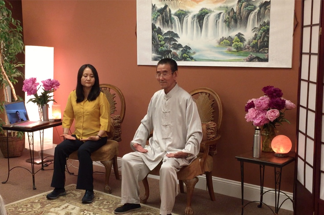Master Wang at 82 and Chiyan are demonstrating the best position to receive Qi/life energy