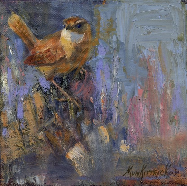   Wren with Blue &amp; Pink     6x6    Oil   $350 