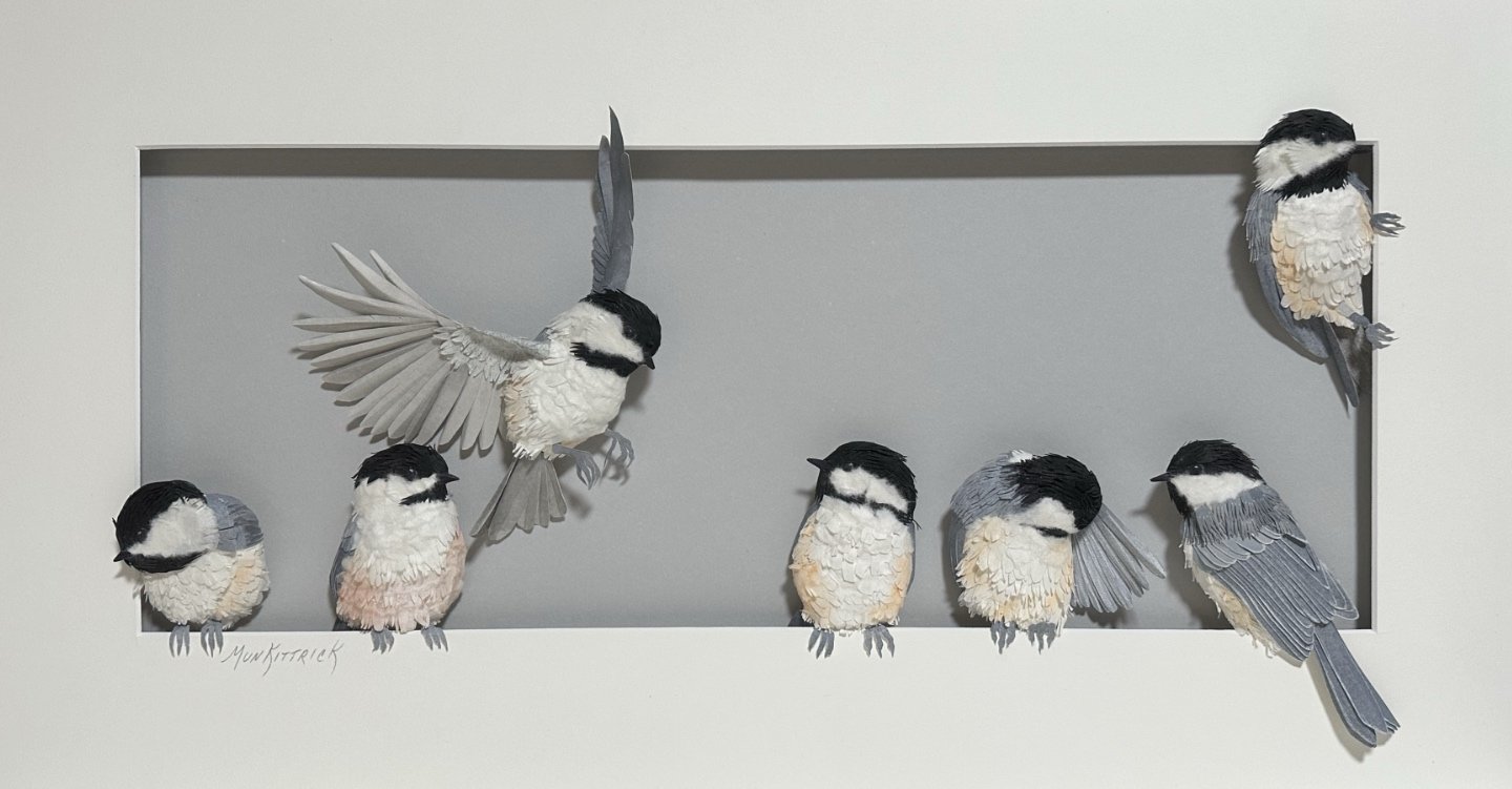   Banditry of Chickadees    12x23  Mulberry &amp; Cotton Rag Paper  $2800 