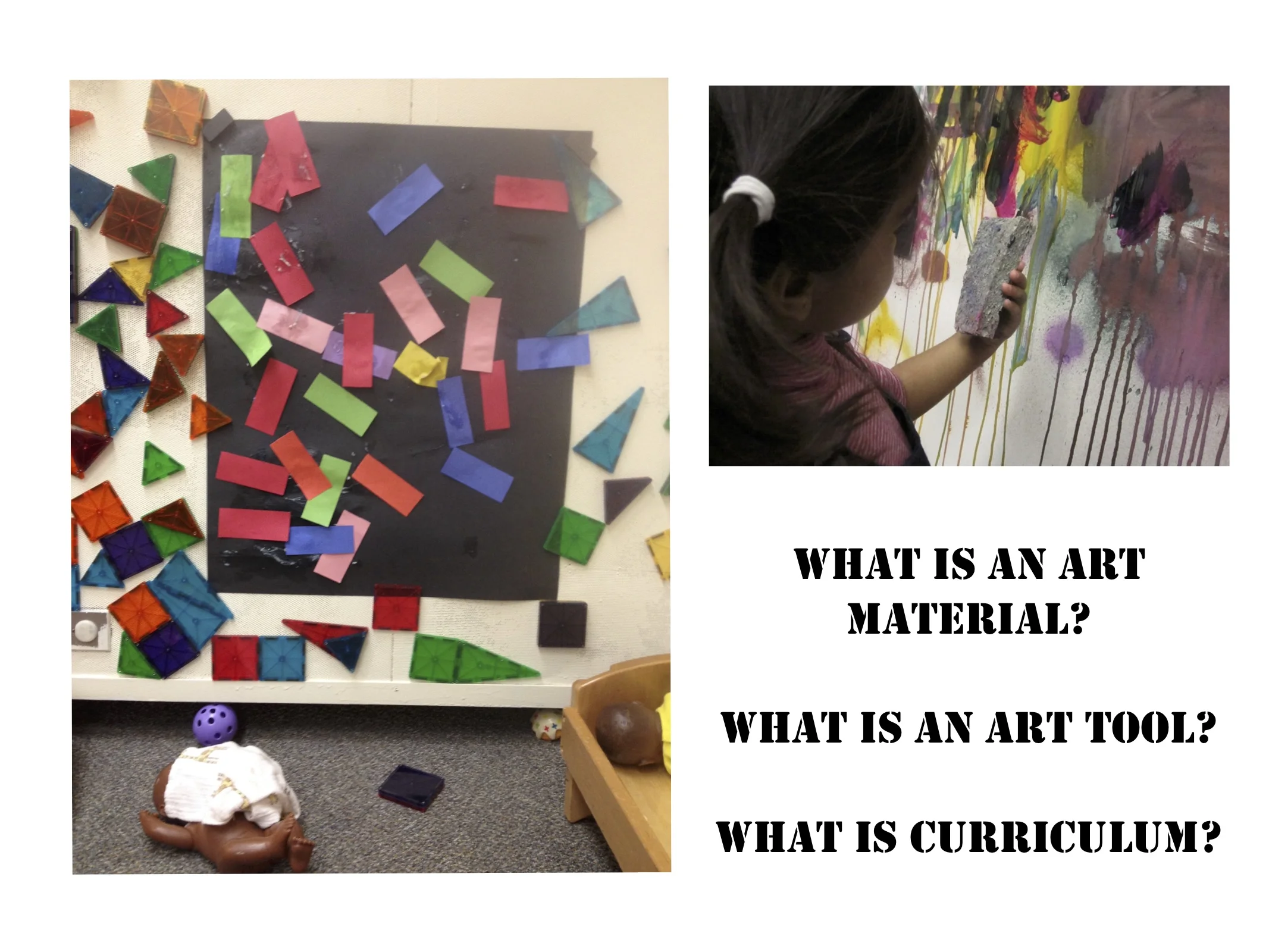 In our attempts at interrupting, we’ve worked in a very multi-theoretical space, as we wonder about what could be. What possibilities are there for us as teachers to “see” the children’s engagement in curriculum? For us to “see” curriculum? To challenge our own habitual practices and ways of seeing, thinking, and perceiving? In the art studio, we question notions of artwork, art materials, and artistic engagement. “This used to be a plastic fork, now it’s an art material, right, Marta?” one of the the children asked as he was rummaging around for a stencil to graffiti with. What happens when you spray paint through a plastic form? Is that an art tool? Will graffiti take that as an transgressive practice? Will the classroom?