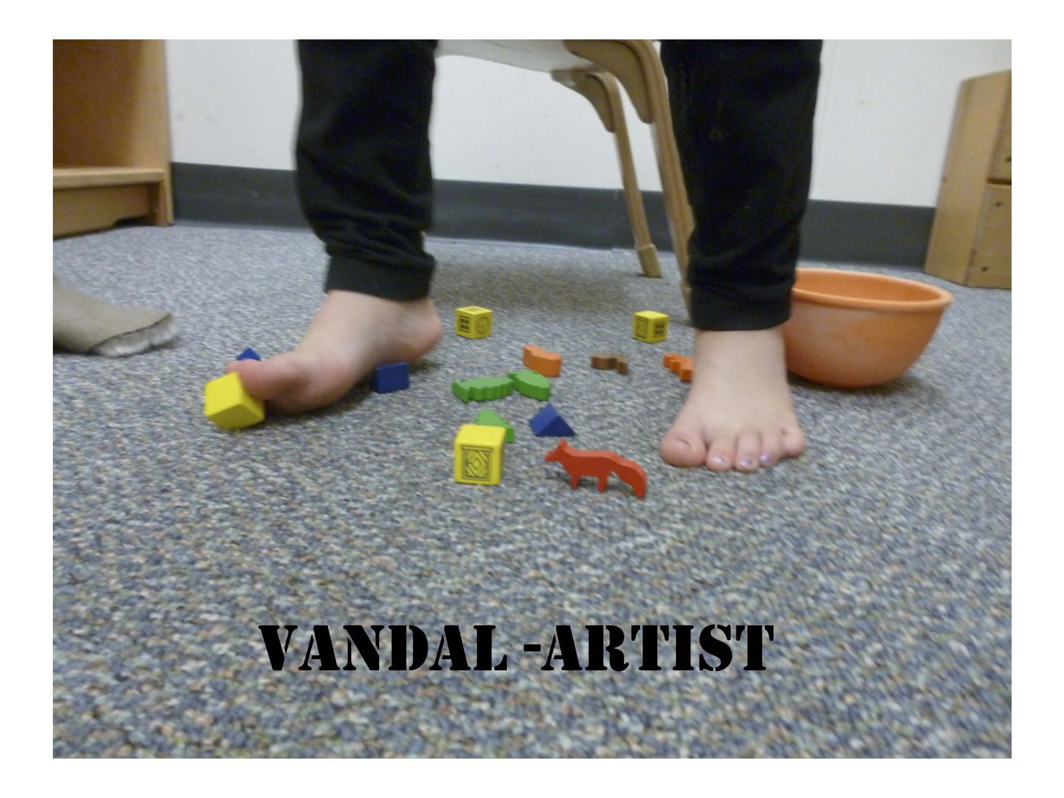 Holmes (2010) wrote that from one side, graffiti artists “deface and vandalize” while from another side they “highly aestheticize and politicize landscapes marking boundaries that are both territorial and ideological” (p. 871). Seeing children as taking up the position of vandal-artist, moves us to rethink the space of the classroom, which is so often constructed as “children’s space.” At the same time, so many early childhood classrooms are separated into centers where certain materials belong to one center or another, and children are rarely able to ‘mix materials’ -- in other contexts, where materials can mix, it is often in the service of creating more elaborate ‘readable’ structures/play scenes. When children’s scenes are not readable (or their acts/art/moves), we are less inclined to “pay attention” or when we do, we want to try to make sense of it. In our classroom, we were allowing for that movement between what is sensible and not- without trying (or at least trying not to try) to consider a child within any one position or another.