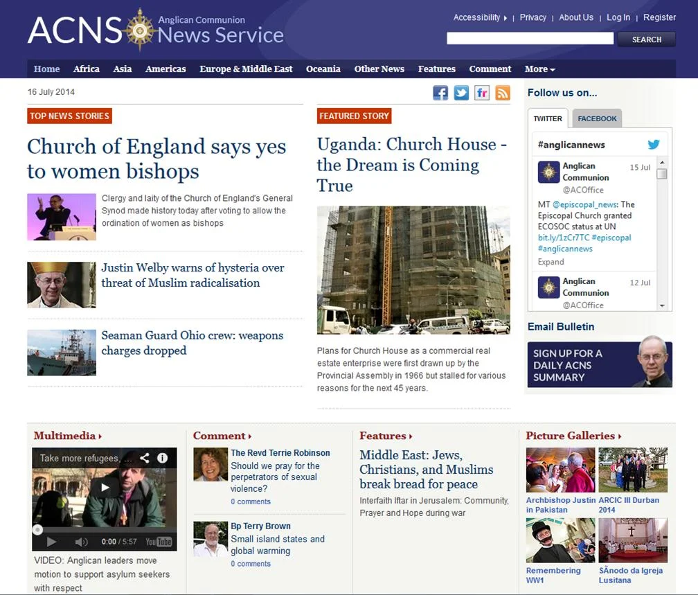 www. Anglicannews.org is a service that aggregates news from around the Anglican communion into one easy site, making it simple to keep up to date with the Anglican Church around the world. As well as listing the news, you can sign up for a daily email that means you get a reminder of what's going on and where. One of the by-products of a site like this is that you can glance over its contents and get an interesting picture of what the Anglican Church is all about. What does it think is important? Where do its values lie? One answer to that question is found here.