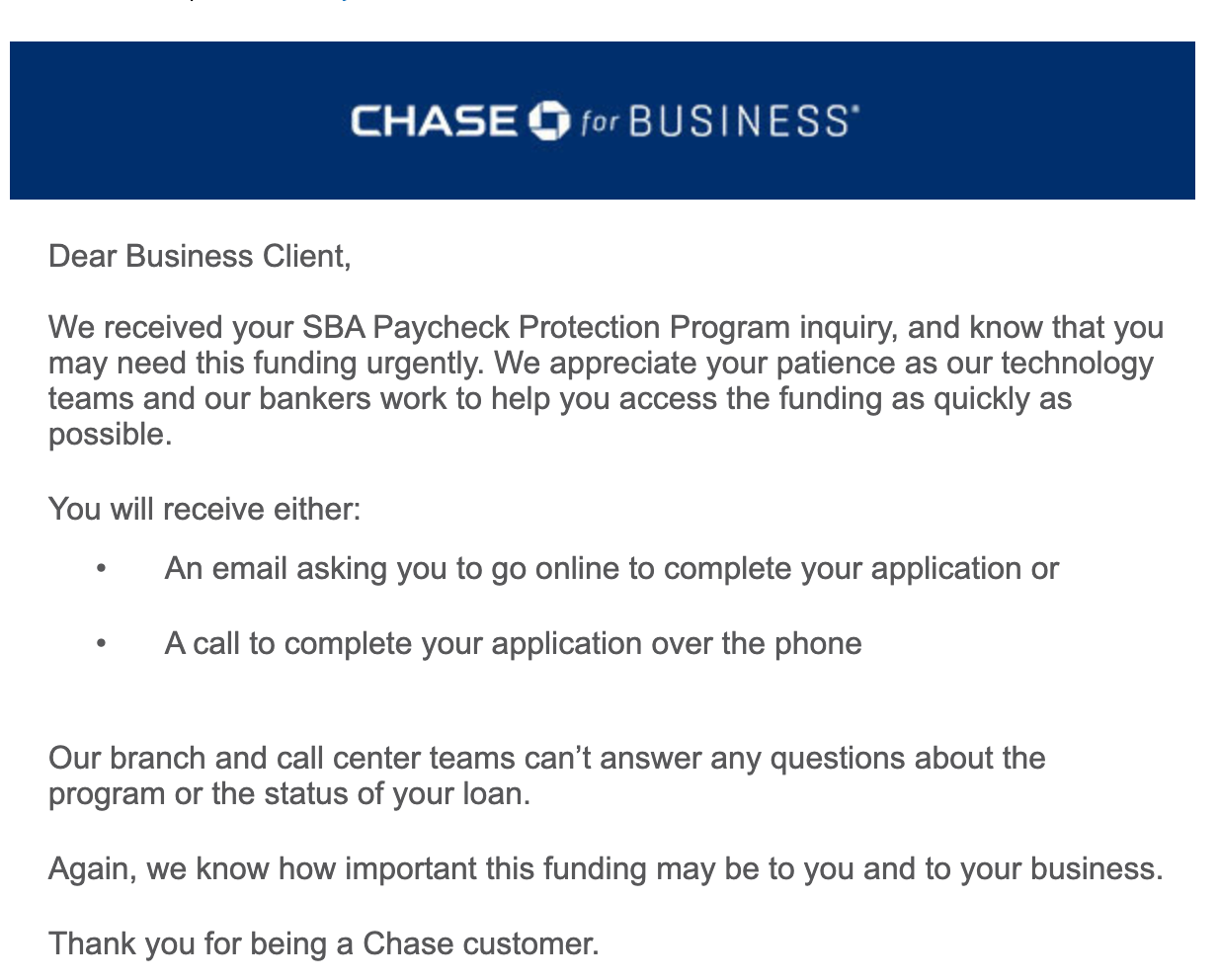 Chase email after initial info