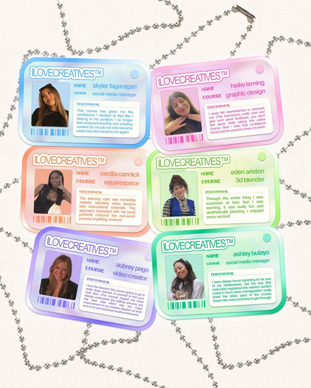 Meet some of our amazing students and read their key course reflections&nbsp;🪞

Featured students: 

Skyler Fagaragan @sukaiira 
Cecilia Cannick @honeydewbluue
Heike Leming @heikeleming
Aubrey Page @aubrey_page
Eden Ariston @edenariston
Ashley Bulay
