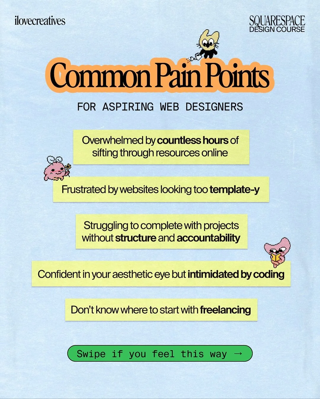 Swipe if you resonate 🥹Puno (@punodostres) created the Squarespace Design Course, because she was experiencing ALL these pain points! In the course, you’ll learn how to craft custom sites that ✨elevate✨ your vision without having them look tem