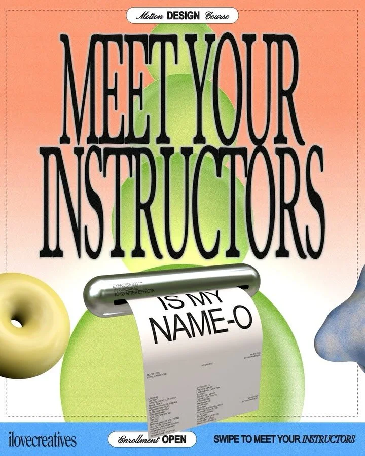 Meet your Motion Design Course Instructors 👋&nbsp;You&rsquo;ll be taught by @ilovecreatives.studio Executive Creative Director Puno Puno @punodostres and Senior Motion Designer Dakota Hopkins @dahop 💫

Swipe to read more about their background, why