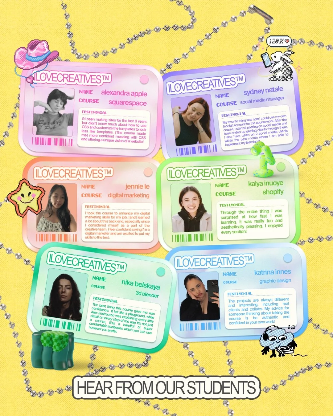 We&rsquo;ve got the best students ever 🫂&nbsp;Here&rsquo;s what they&rsquo;ve shared about their course experiences 💬

Featured students:
Sydney Natale @sydnatcreative
Kaiya Inuoye
Katrina Innes @kat.ri.nax
Jennie Le @jlnhung
Alexandra Apple @___aj