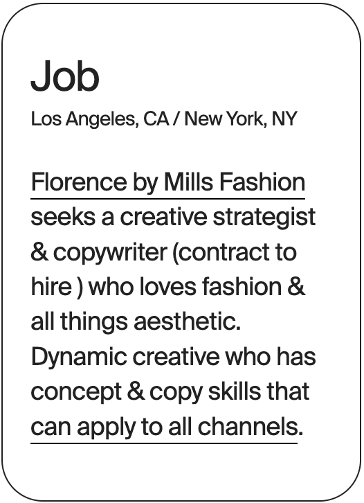 JOB LA NY Florence by Mills Fashion Strategist + Copywriter 31095