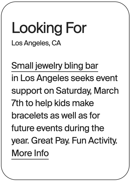 LOOKING FOR Los Angeles Amy's Traveling Bling Bar Event Assitant 31325