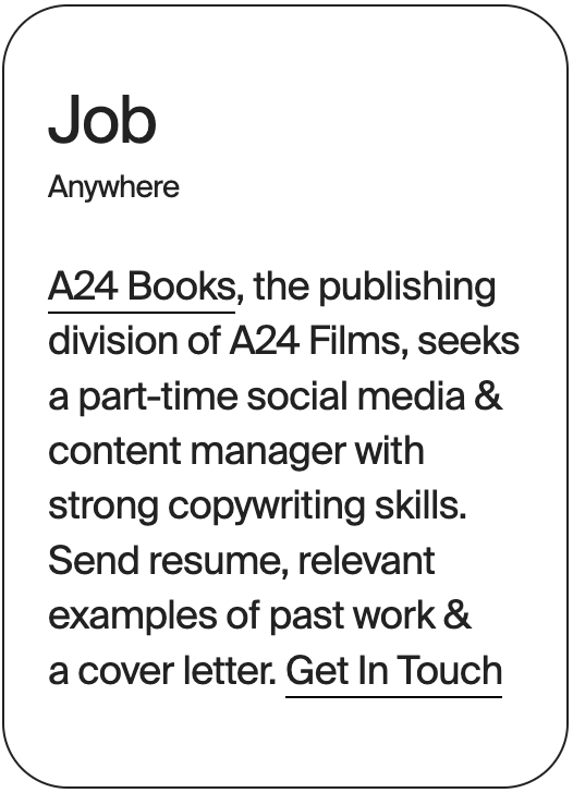 JOB ANywhere A24 Books Social Media Manager 31459