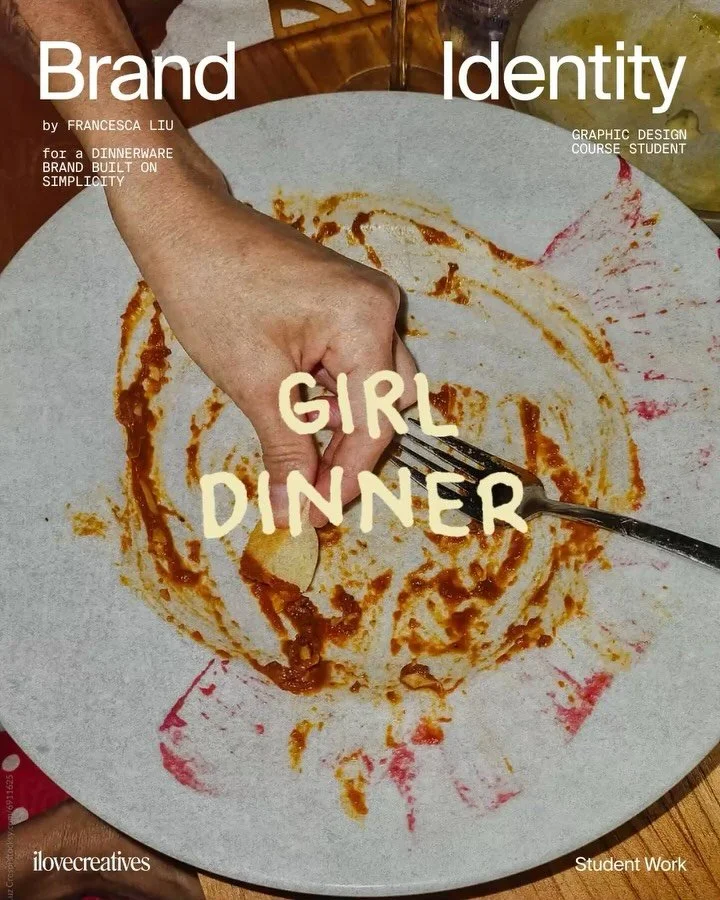 Swipe and get a feel for Girl Dinner, a dinnerware brand design project by our very own Graphic Design Course student Francesca Liu (@francescaliu_id) 🍽️

⏰&nbsp;Interested in learning how to create client-ready brand identities? There are only 2 da