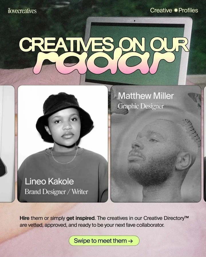 Meet the incredible creatives in our Creative Directory who&rsquo;ve been catching our eye lately 🌟

📡&nbsp;Wanna get on your next client&rsquo;s radar? Apply for a Creative Profile to boost your visibility and attract aligned projects 🧲 

Comment
