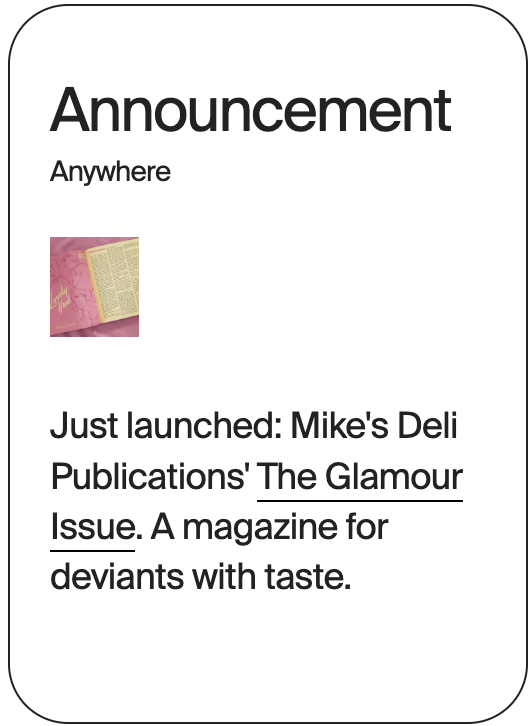 ANNOUNCEMENT Anywhere Mikes Deli Glamour Issue 32144