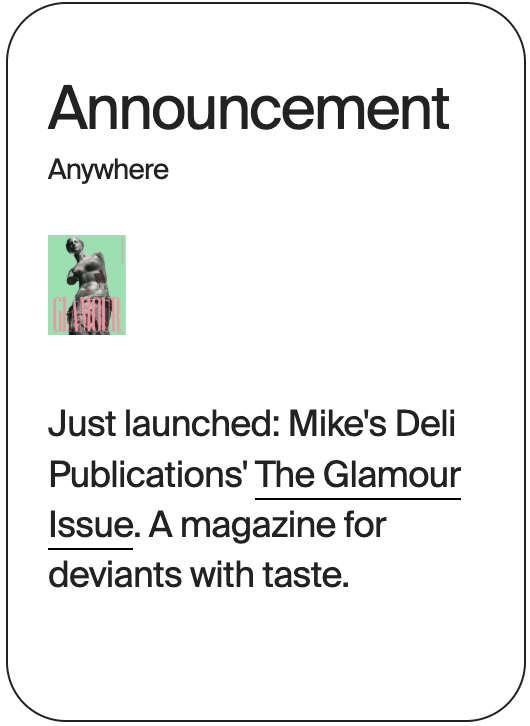 ANNOUNCEMENT Anywhere Mikes Deli Glamour Issue 32144