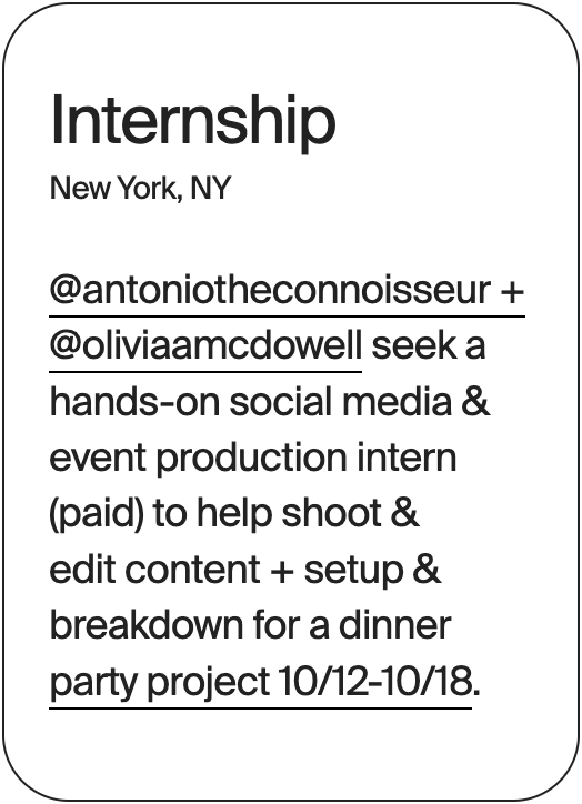 INTERNSHIP New York Antonio Social Media &amp; Event Production Intern 32598