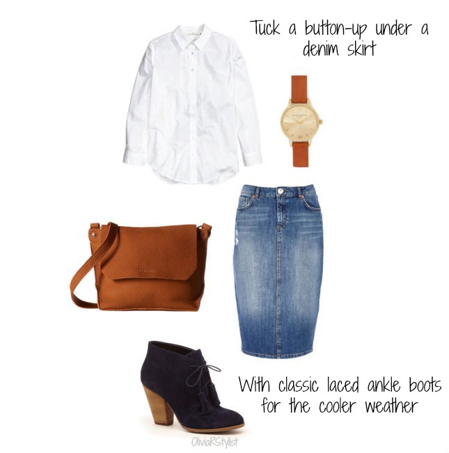 Button-up shirt: H&M Denim skirt: River Island Boots: Sole Society Bag: Zappos Watch: Olivia Burton for ModCloth