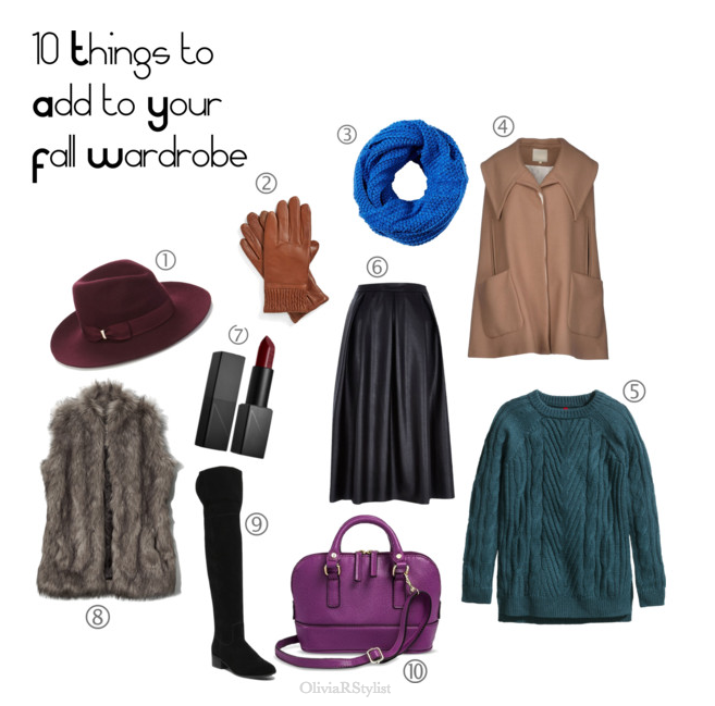 1. Burgundy Fedora Hat: Accessorize.com 2. Brown Leather Gloves: Nordstrom 3. Blue Giant Loop Scarf: ASOS 4. Camel Cape Sweater: YOOX 5. Green Chunky Knit Sweater: H&M 6. Black Leather Skirt: River Island 7. Burgundy Lipstick: NARS 8. Faux Fur Vest: Abercrombie 9. Over the Knee Boots: Steve Madden 10. Purple Handbag: Target