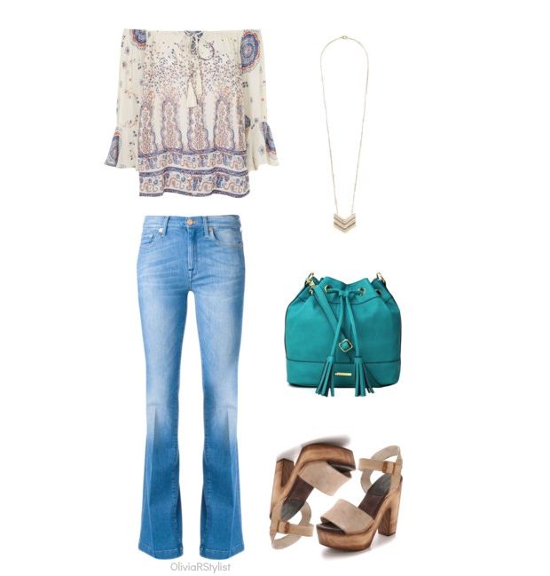 Peasant Blouse: Topshop | Flared Jeans: 7 For All Mankind | Pendant Necklace: Express | Bucket Bag: Liz Claiborne | Clog Sandals: FREEBIRD by Steven