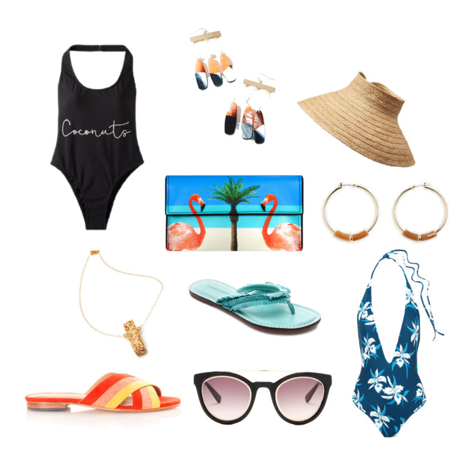 Coconuts Swimsuit: Express Rectangle Necklace: Jessica Ricci Slides: Charlotte Stone Drop Earrings: Anthropologie Flamingo Clutch: Kent Stetson Sandals: Bernardo Cat Eye Sunglasses: Derek Lam Straw Visor: Athleta Hoop Earrings: Ann Taylor Halter Swimsuit: Mikoh