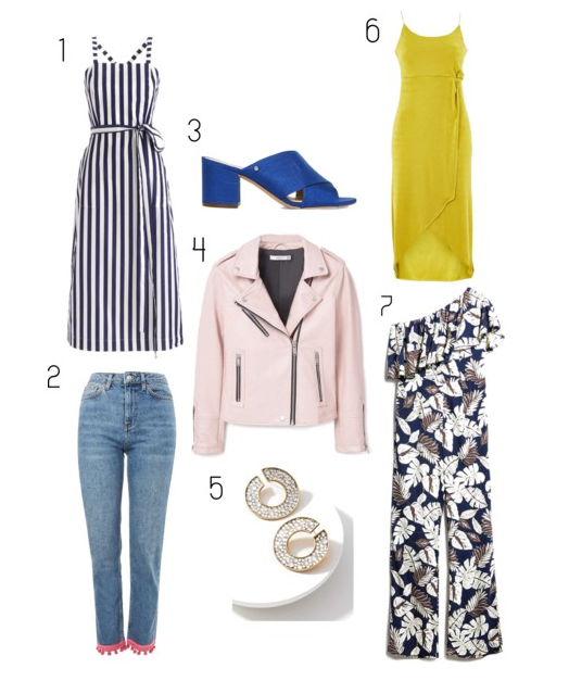 1. Striped Apron Dress: Thomas Mason for J. Crew 2. Pom Pom Hem Straight Leg Jeans: Topshop 3. Satin Mules: Sam Edelman 4. Zipped Biker Jacket: Mango 5. Infinity Crystal Earrings: Anthropologie 6. Knot Tie Slinky Midi Dress: Topshop 7. Ruffle Jumpsuit: Need Supply Also check out these other amazing sales going on now: Need Supply - up to 70% off Loft - Extra 50% off sale items Zara - Starting at 50% off Anthropologie - Extra 40% off sale items J. Crew - Extra 40% off sale items ; 50% off final sale items Ann Taylor - Semi Annual Sale; up to 70% off Mango - from 50 - 70% off everything Topshop - 50% off Aldo Shoes - 50% off shoes and hand bags GAP - up to 50% off everything