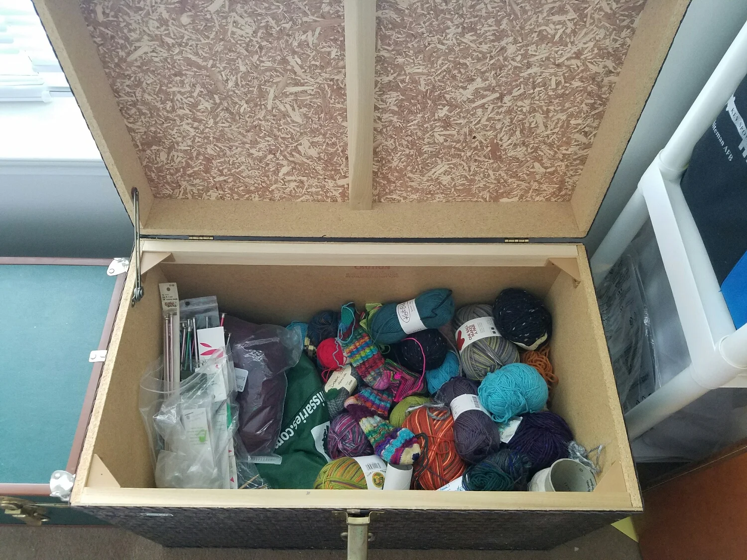My yarn collection has finally made it out of the laundry hamper and into a trunk from the garage. 