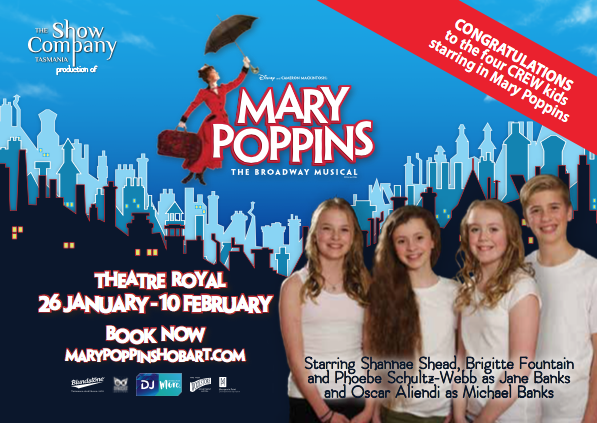 Supercalifragilistic Crew talent took flight in MARY POPPINS! Congratulations to current and past Crew members: Shannae, Brigitte, Phoebe and Oscar (above), Katie Green as Mary Poppins, Maggie James at alternate Mary Poppins, Campbell Braithwaite, Ben Smith, Tom Hawkey, Emilia Hawkey, Caitlin Carnaby, Bonnie Cashion, Tayla Moschogianis, James Bourke, MIa Grant, Louise Mackintosh, Madeleine Jeffrey-Moore and props Mistress Helen Cronin onstage as Mrs Brill!