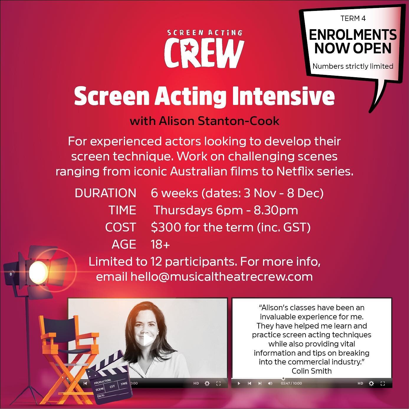 Screen Acting Intensive 6-week program with Alison Stanton-Cook 🎬
For more info, email hello@musicaltheatrecrew.com