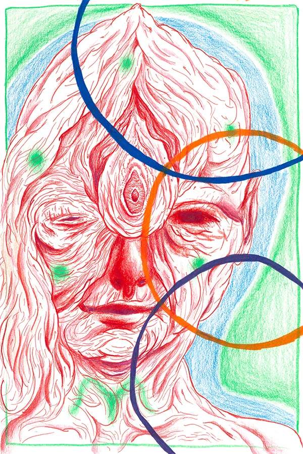 Ben Jon Miller, The Vulvic Eye and I , 2017, mixed media on paper, 11.55 x 7.7 inches