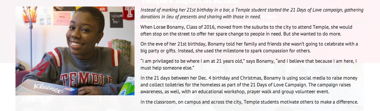 Lorae was featured in Temple University’s “Take Charge” campaign
