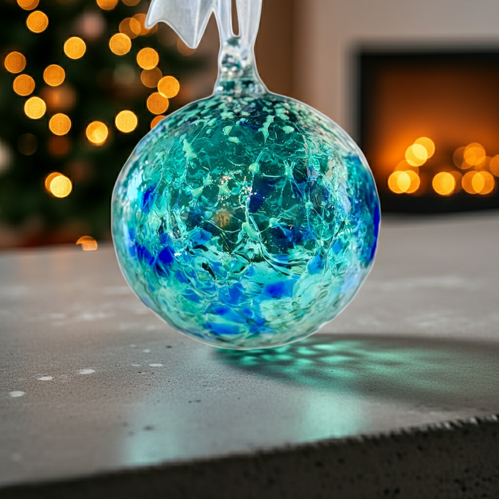 Blue Peacock Blown Glass Ornament 3 1/2” Round