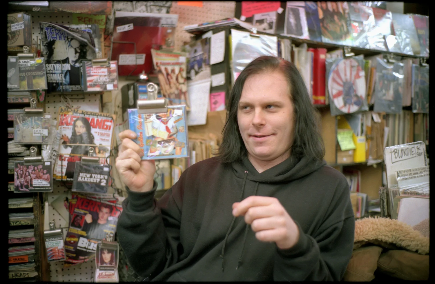 Honeyman Lightnin' at work at Bleecker Bob's record store in Greenwich Village, Wednesday 11/17/99