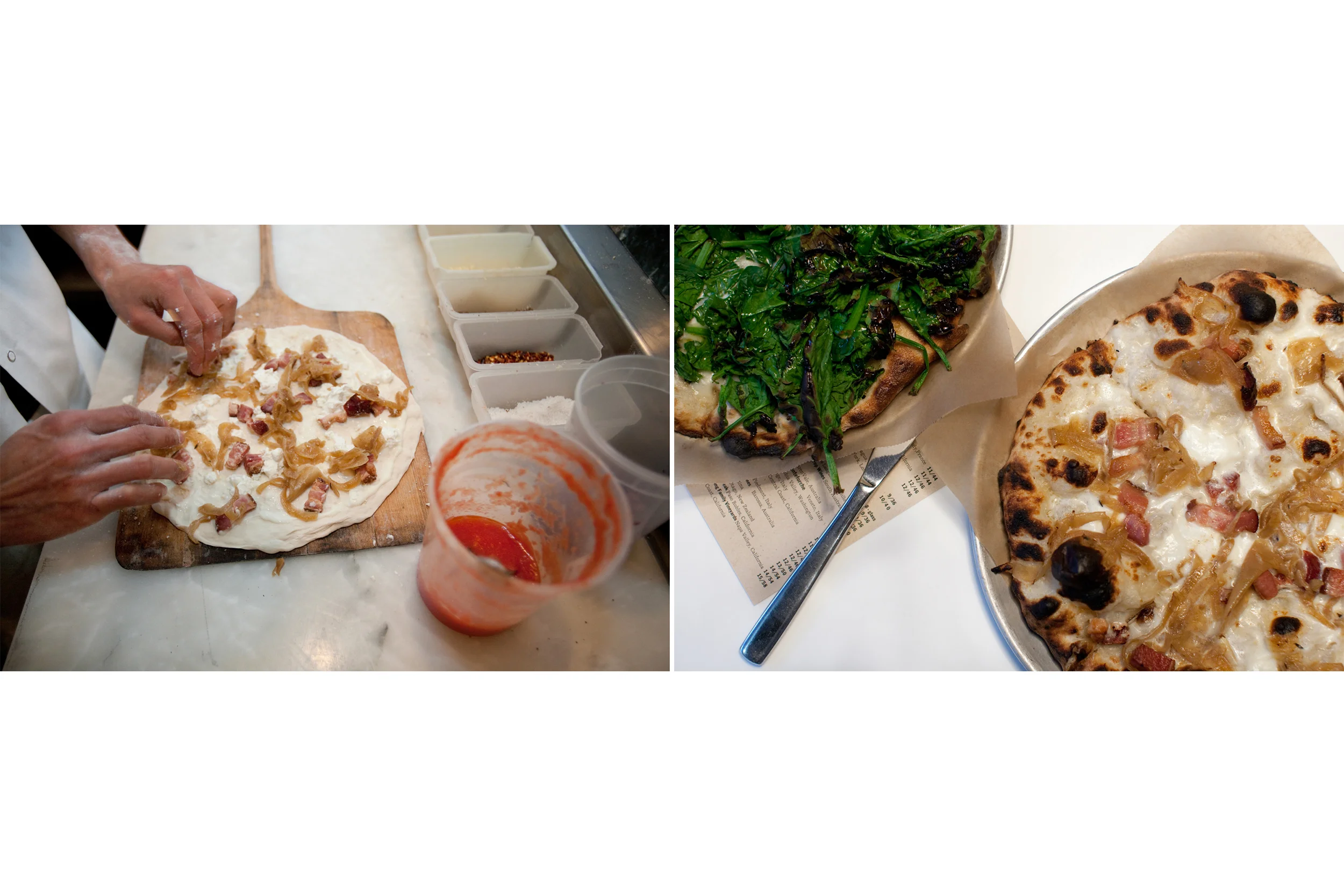Making of the Flambé pizza at Co., a sit-down pizza restaurant owned by Jim Lahey (owner of Sullivan Street Bakery). Co. closed in 2018, but this was an excellent salty, Alsatian style pizza.