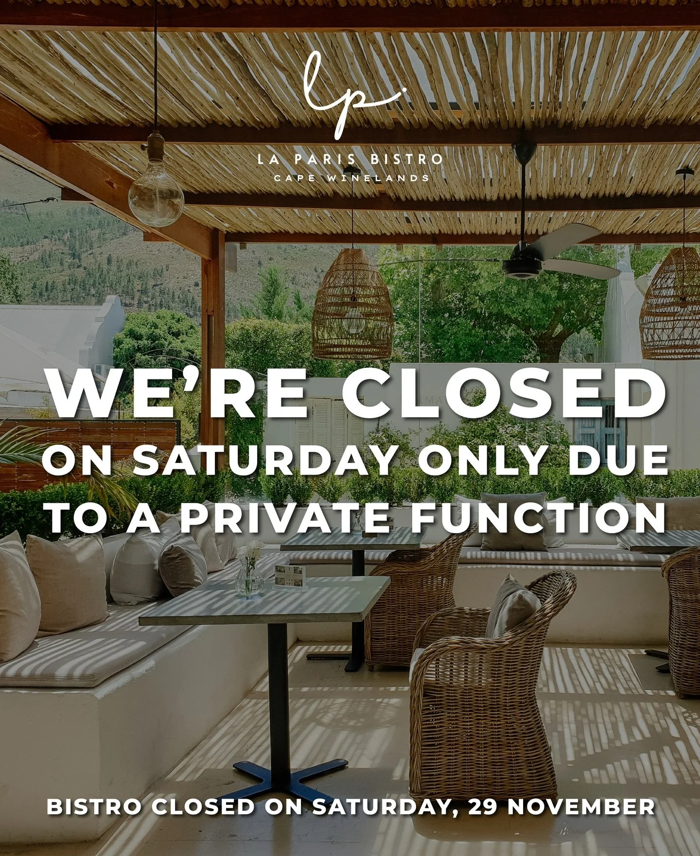 Please note that La Paris Bistro will be closed this Saturday, 29 November, for a private function.
We look forward to welcoming you again from Sunday onwards.

📍La Paris Bistro - Franschhoek
+27 (0) 21 867 0171 | restaurant@laparis.co.za

#laparisb