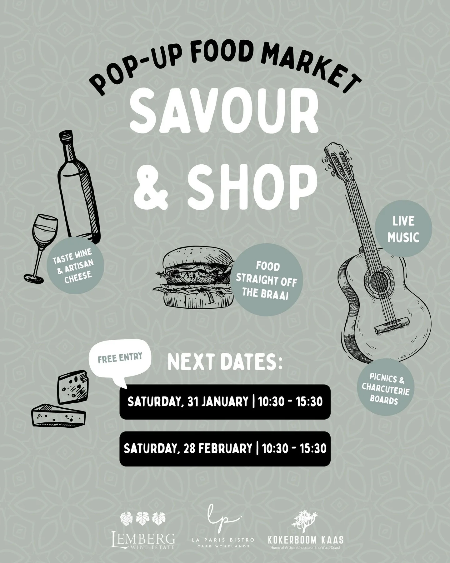 Savour &amp; Shop. A Pop-Up Food Market at La Paris Estate

Explore a relaxed day with various food, wine, beer and gin stands, food fresh off the braai, live music, picnic pods, and lawn games.

Free entry - book your ticket on Quicket (link in bio)