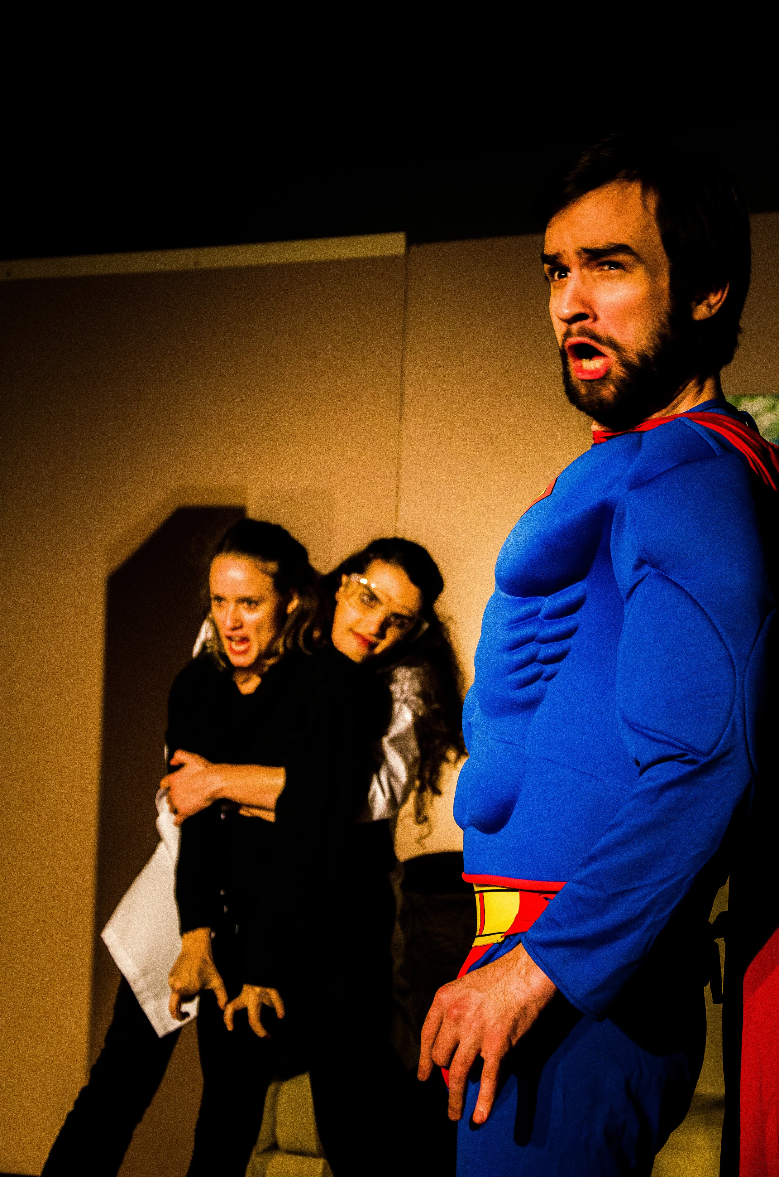 Fred Fletcher-Jackson as Supraman, Martha Robichaud as Shadow, and Erica Burns as Devon Kevin Stanley Photography