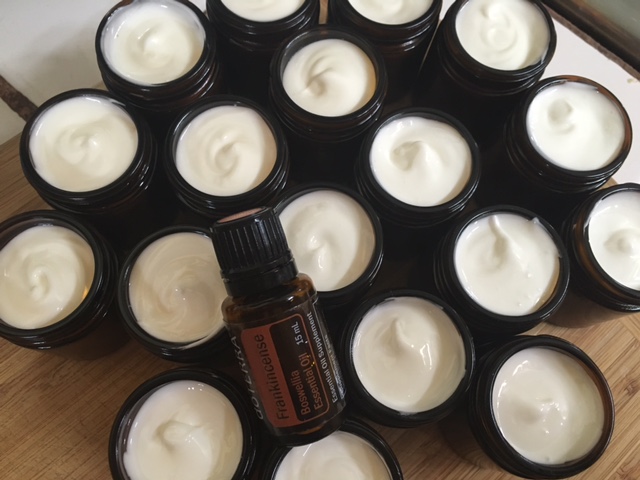hOMmade Frankincense Face Cream I can't seem to make enough to keep up with the demand of this amazing cream! Monthly batches are made since there are no preservatives, chemicals or fragrances. This hand-crafted luxurious cream is made with: Grapeseed oil, coconut oil, aloe vera, beeswax, vitamin E, lanolin and therapeutic grade Frankincense Essential Oil as well as my LOVE! Place your order today $15 for 2 oz. glass jar (+$5 for shipping, unless your local) 